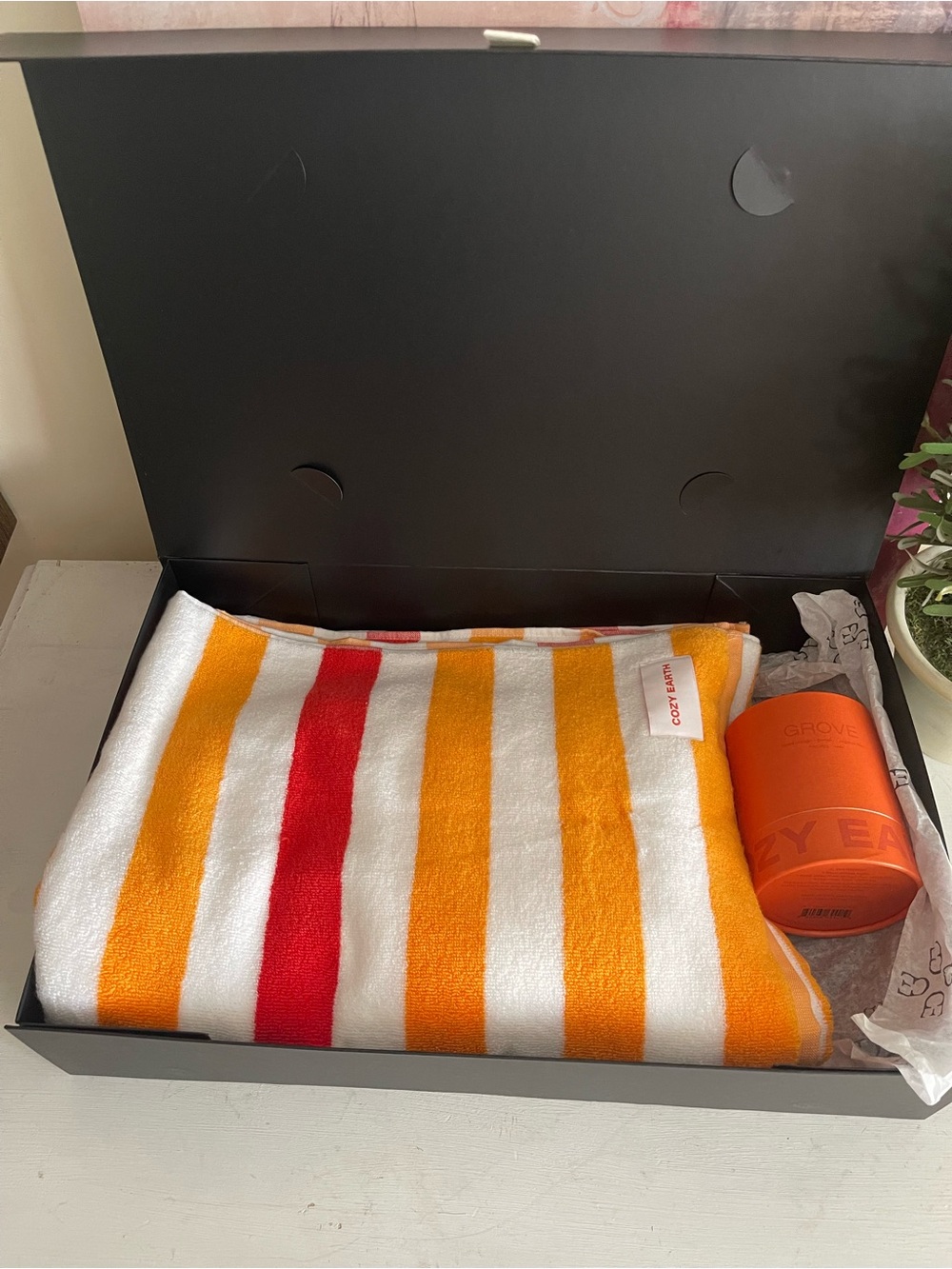Cozy Earth Orange, Red & White Striped Towel and Candle Gift Set